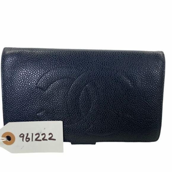 Authentic Chanel Wallet Long Black Caviar Skin Leather GG Vintage On Sale - Picture 11 of 11